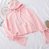 Hanorac de damă cu glugă și legături la mânecă în culoarea roz