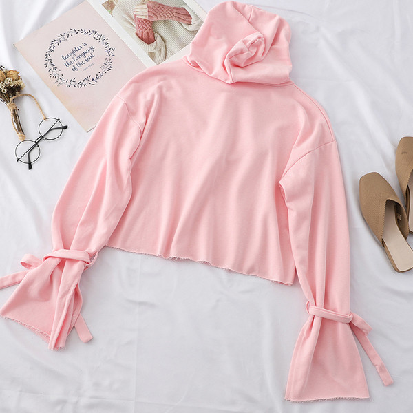 Hanorac de damă cu glugă și legături la mânecă în culoarea roz