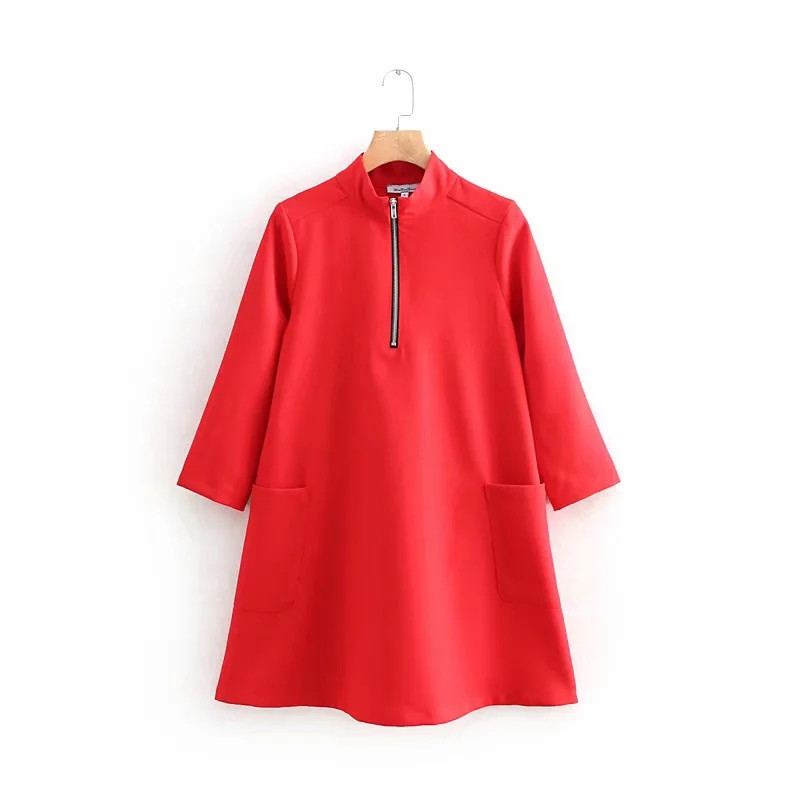 Rochie de dama cu fermoar si maneci lungi in rosu