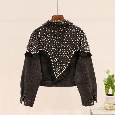 Új modell női farmerdzseki gyöngyökkel, fekete és kék színben