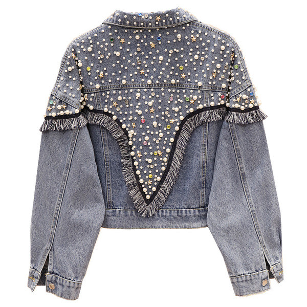Új modell női farmerdzseki gyöngyökkel, fekete és kék színben