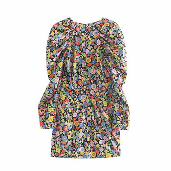 Rochie scurta cu model floral si maneci lungi