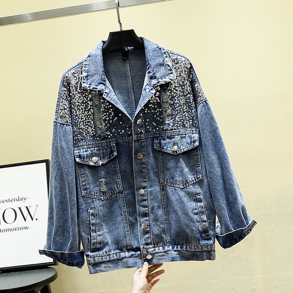 Modern női farmerdzseki flitterekkel, szakadt motívumokkal, két színben