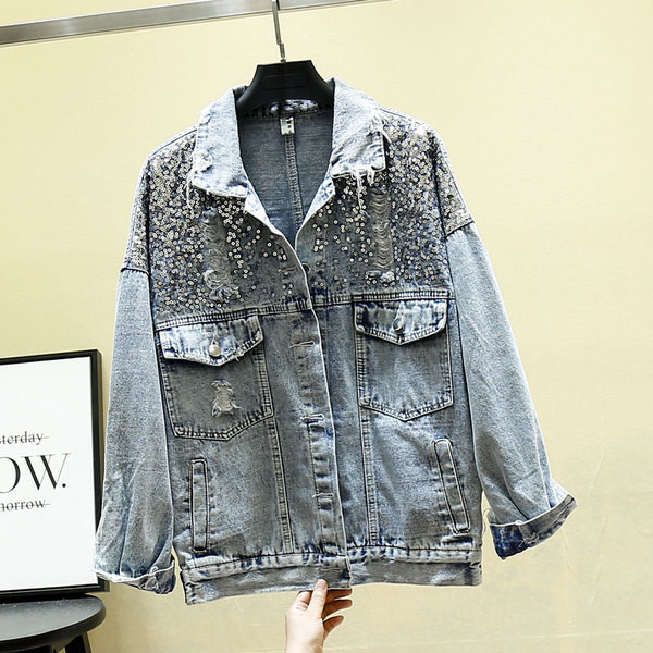 Modern női farmerdzseki flitterekkel, szakadt motívumokkal, két színben