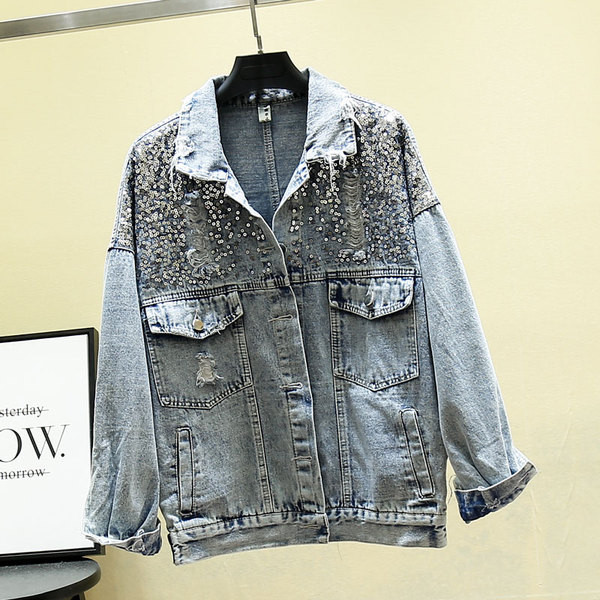 Modern női farmerdzseki flitterekkel, szakadt motívumokkal, két színben