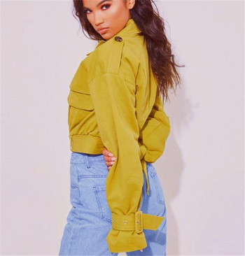 Geaca de dama de toamna model scurta cu curea de culoare galbena