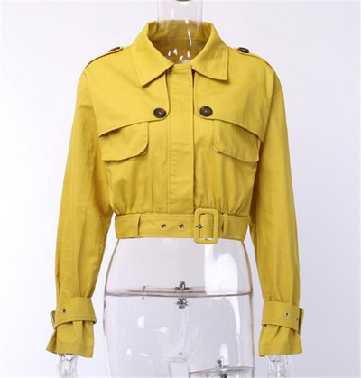 Geaca de dama de toamna model scurta cu curea de culoare galbena