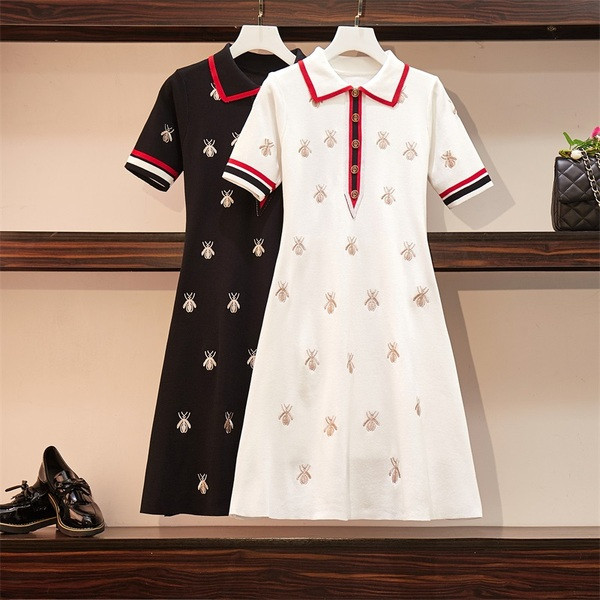 Alkalmi női ruha klasszikus gallérral és rövid ujjú fehér és fekete színben