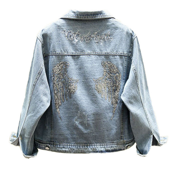 Modern női farmerdzseki hímzéssel és flitterekkel