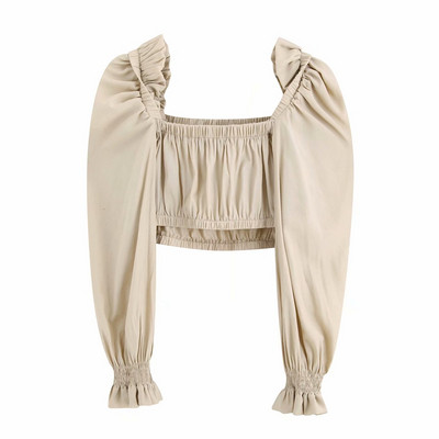 Bluză scurtă de damă cu decolteu pătrat și mâneci lungi de culoare bej