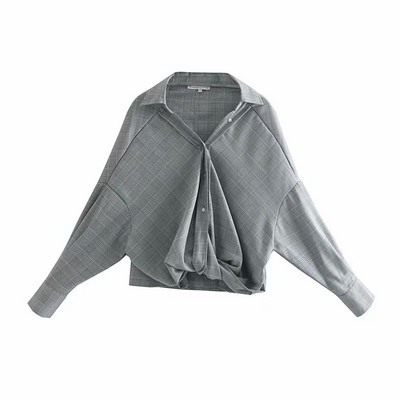 Cămașă de damă asimetrică în carouri de culoare gri