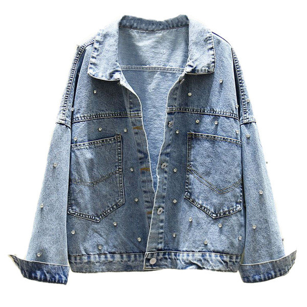 Alkalmi női farmerdzseki széles, kövekkel díszített modellel