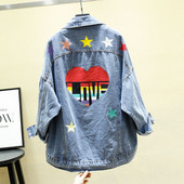 Дънково дамско яке широк модел с цветна щампа