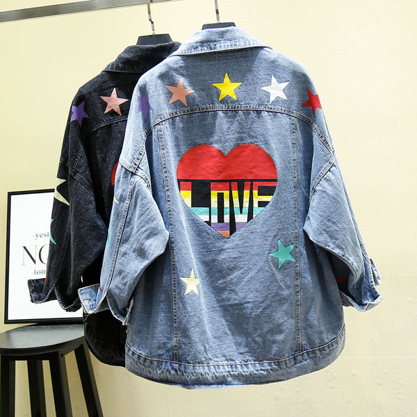 Дънково дамско яке широк модел с цветна щампа