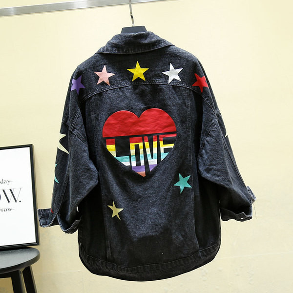 Дънково дамско яке широк модел с цветна щампа