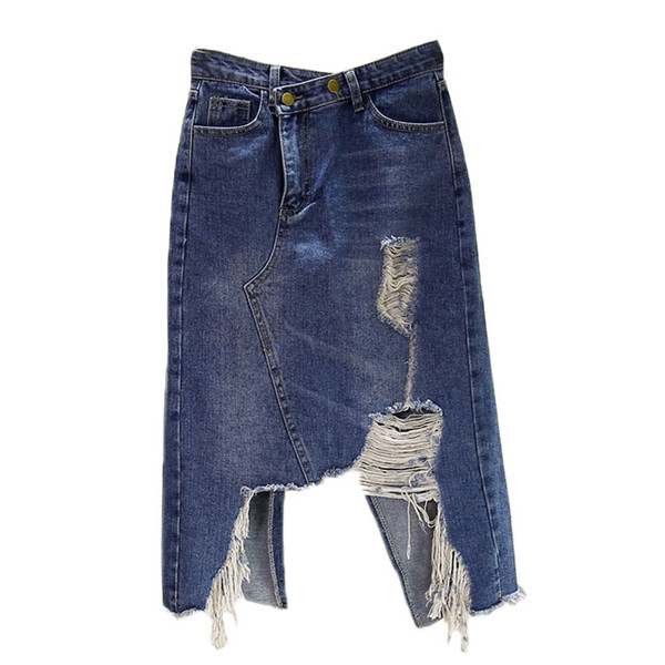 Aszimmetrikus farmerszoknya, magas derékkal, szakadt motívumokkal