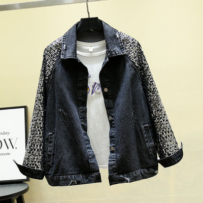 Geaca de dama denim model nou cu paiete pe maneci in negru si albastru