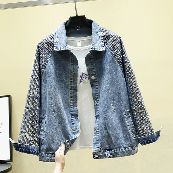 Geaca de dama denim model nou cu paiete pe maneci in negru si albastru