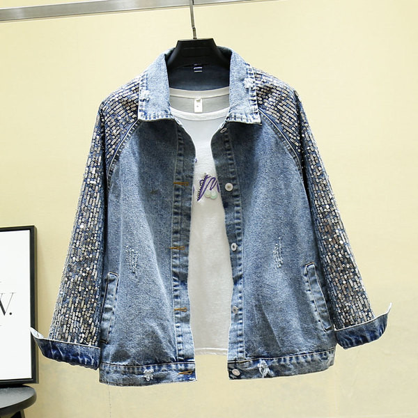 Geaca de dama denim model nou cu paiete pe maneci in negru si albastru