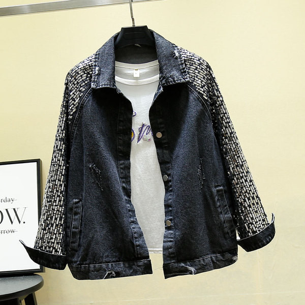 Geaca de dama denim model nou cu paiete pe maneci in negru si albastru