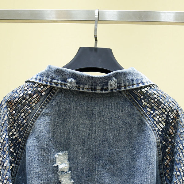 Geaca de dama denim model nou cu paiete pe maneci in negru si albastru