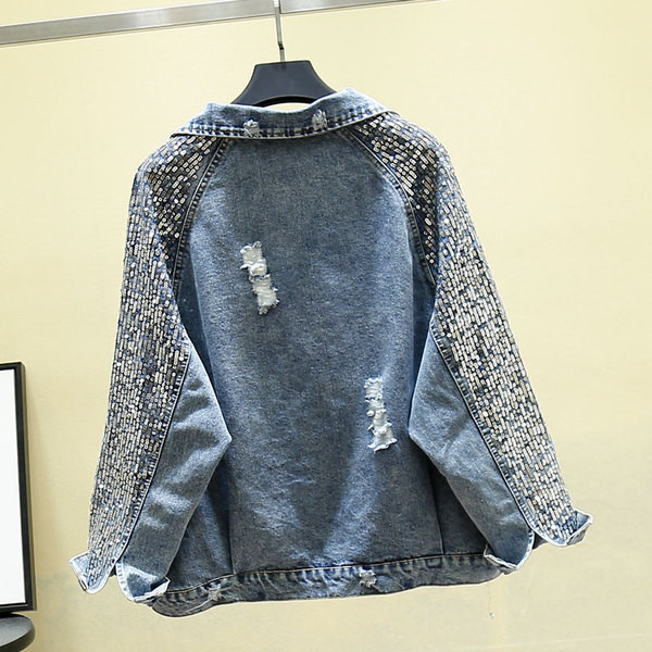 Geaca de dama denim model nou cu paiete pe maneci in negru si albastru