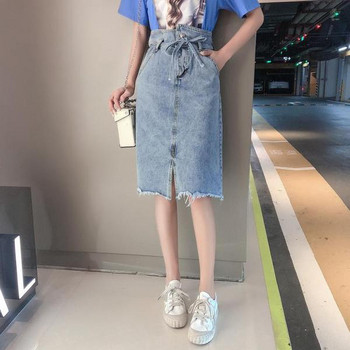 Aktuális női farmerszoknya, magas derékkal, hasítékkal