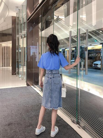 Aktuális női farmerszoknya, magas derékkal, hasítékkal