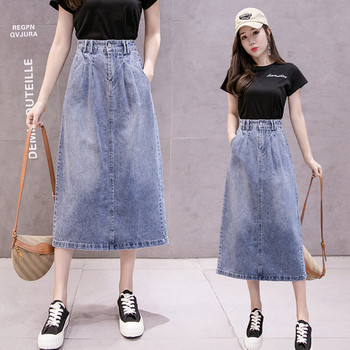 Fusta casual de dama din denim albastru cu fanta