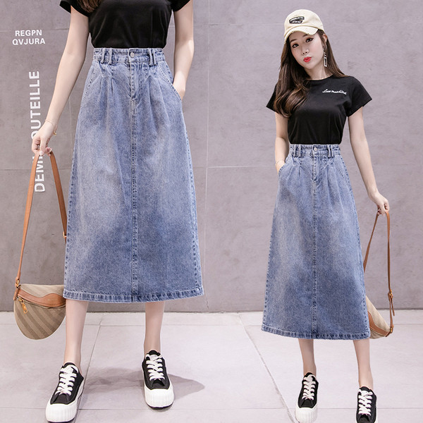 Fusta casual de dama din denim albastru cu fanta