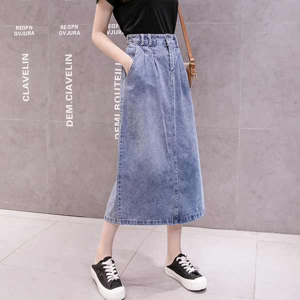 Fusta casual de dama din denim albastru cu fanta