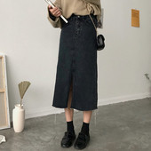 Alkalmi női farmerszoknya sötét színben, magas derékkal