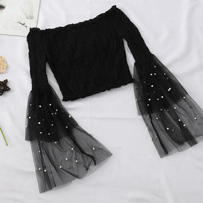 Bluza de dama elastica cu maneci lotus si perle in mai multe culori