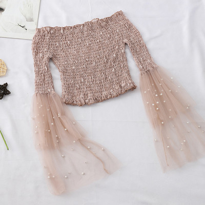 Bluza de dama elastica cu maneci lotus si perle in mai multe culori