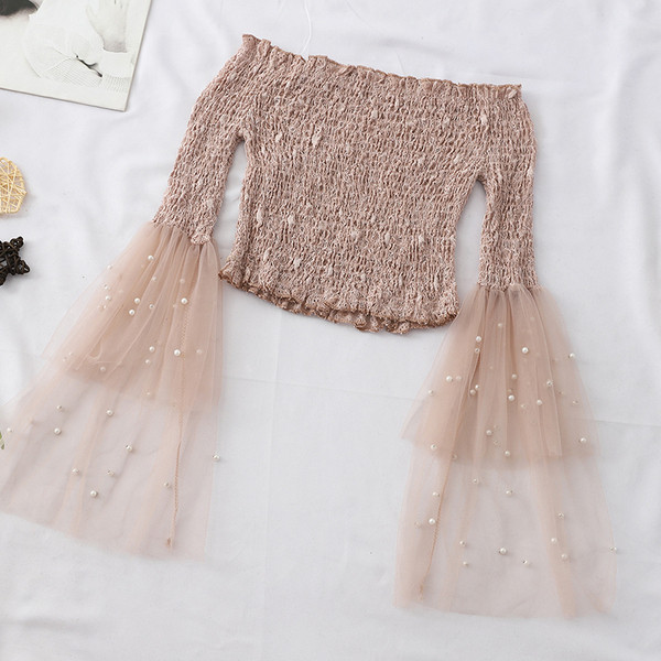 Bluza de dama elastica cu maneci lotus si perle in mai multe culori