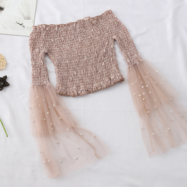 Bluza de dama elastica cu maneci lotus si perle in mai multe culori