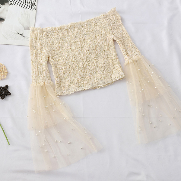 Bluza de dama elastica cu maneci lotus si perle in mai multe culori