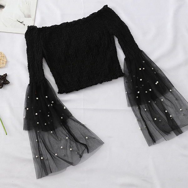 Bluza de dama elastica cu maneci lotus si perle in mai multe culori