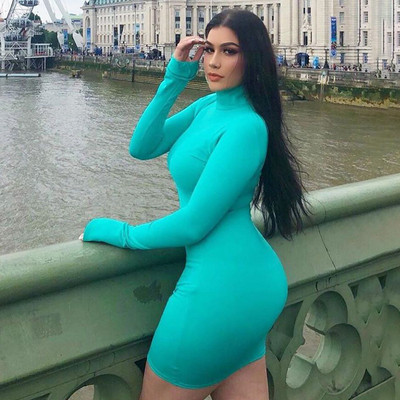 Rochie de dama cu guler inalt si maneci lungi in roz si albastru