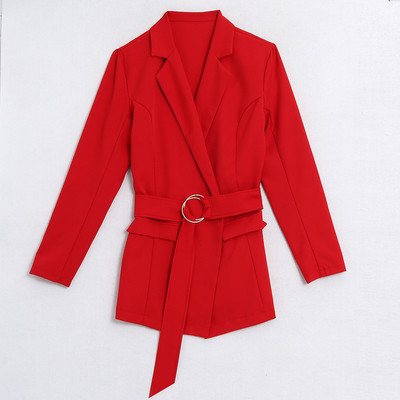 Stílusos női kabát hosszú modell fekete és piros övvel