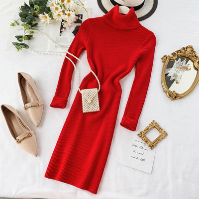 Rochie de dama de toamna cu guler inalt in diferite culori