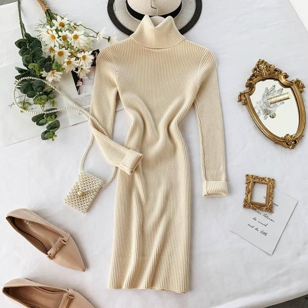 Rochie de dama de toamna cu guler inalt in diferite culori