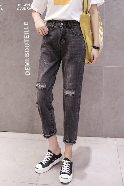 Szürke női alkalmi farmernadrág, csíkos motívumokkal