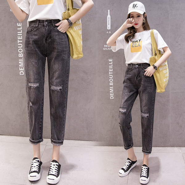 Szürke női alkalmi farmernadrág, csíkos motívumokkal