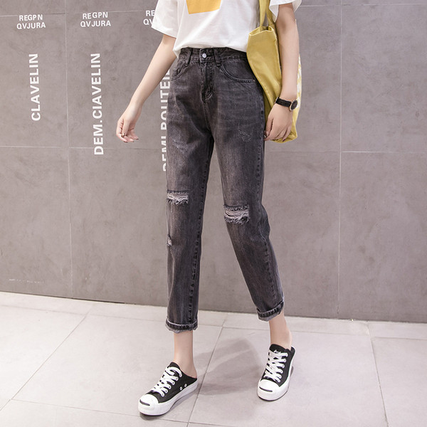 Szürke női alkalmi farmernadrág, csíkos motívumokkal