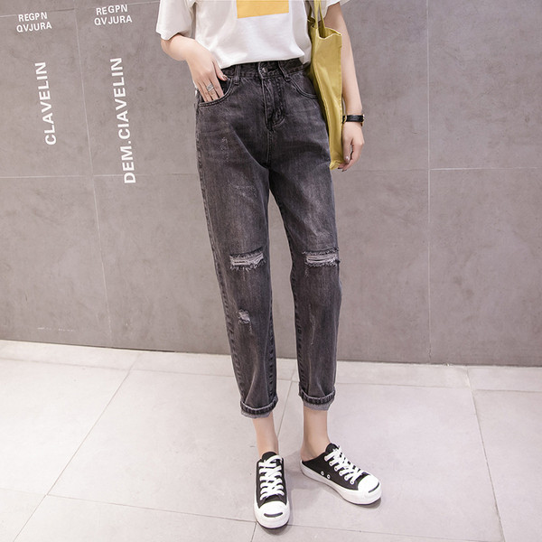 Szürke női alkalmi farmernadrág, csíkos motívumokkal