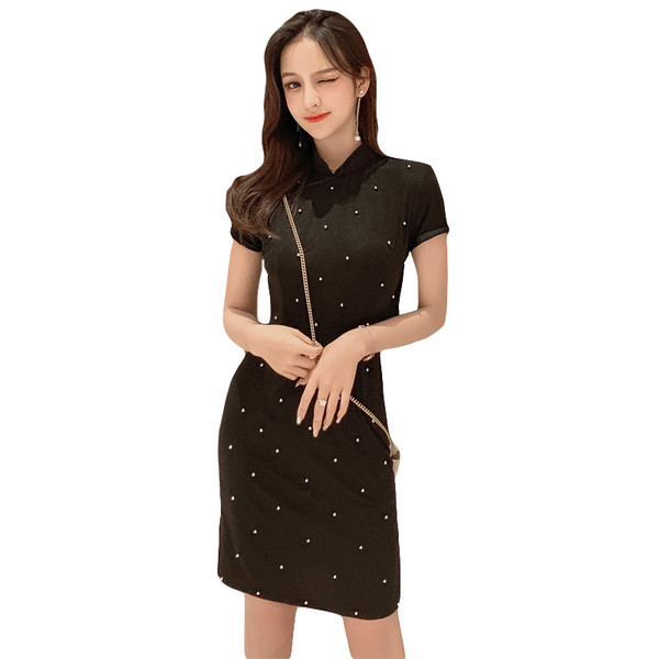 Rochie moderna de dama in negru cu perle decorative