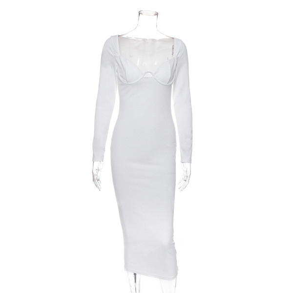 Rochie elegantă de damă cu mâneci lungi în alb și maro