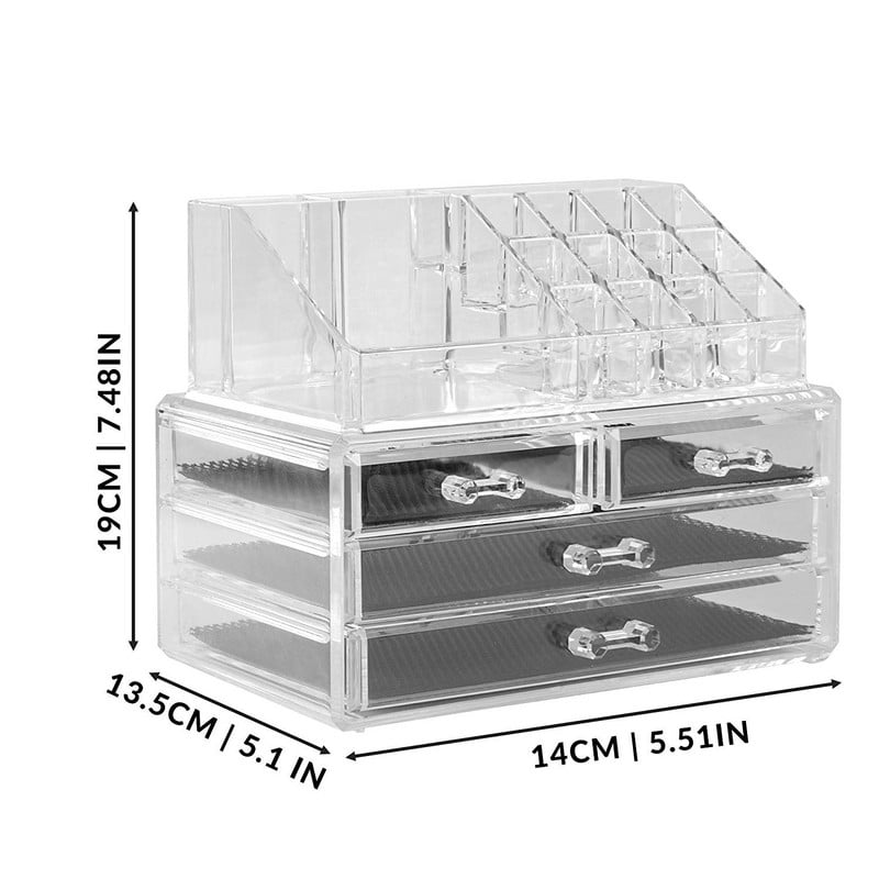 Прозрачен органайзер за гримове и бижута с 20 отделния и 4 чекмеджета - 14х13.5х19 см