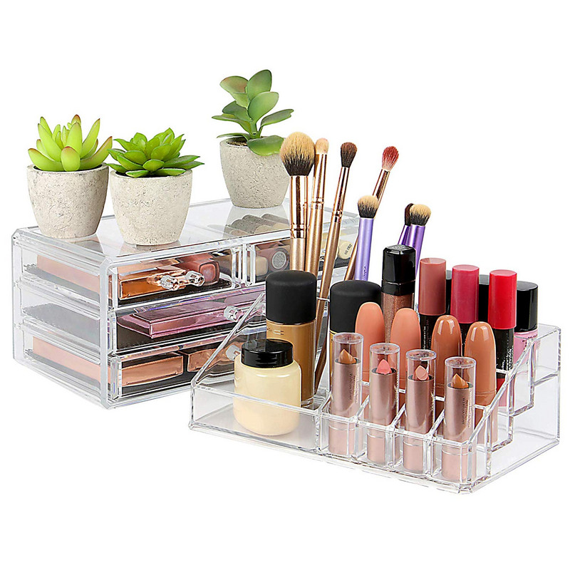 Прозрачен органайзер за гримове и бижута с 20 отделния и 4 чекмеджета - 14х13.5х19 см